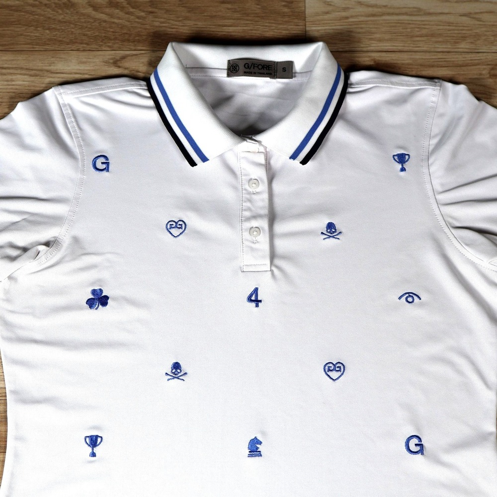 G/FORE Polo Shirt Womens Small White Blue Ringer Short Sleeve Golf Preppy AOP